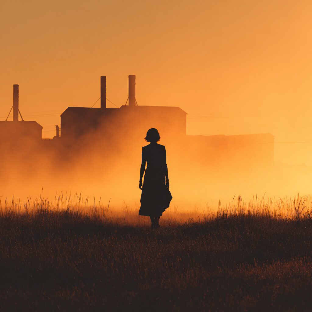 A silhouette of a woman walking out of a glowing factory haze toward open fields. Symbolism: leaving the industrial illusion behind for divine creation.